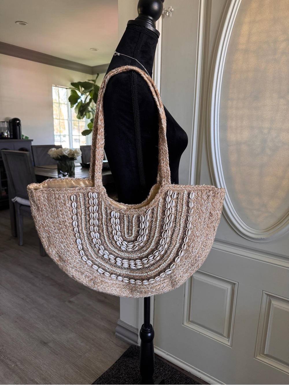 Beaded Shell Straw Tote Bag in Natural Brown